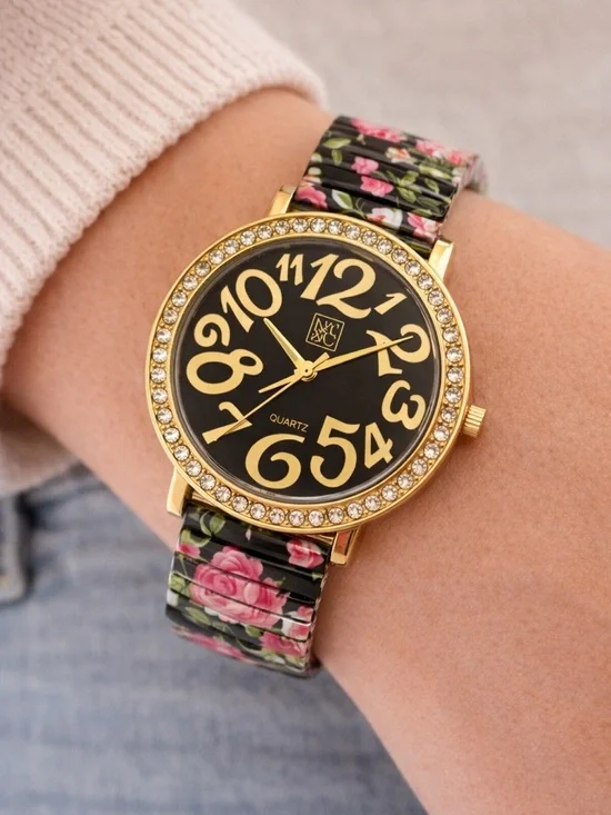 NY&C Y2K  Floral Stretch Watch Gold Rhinestone Statement Quartz Needs Battery - Picture 2 of 2